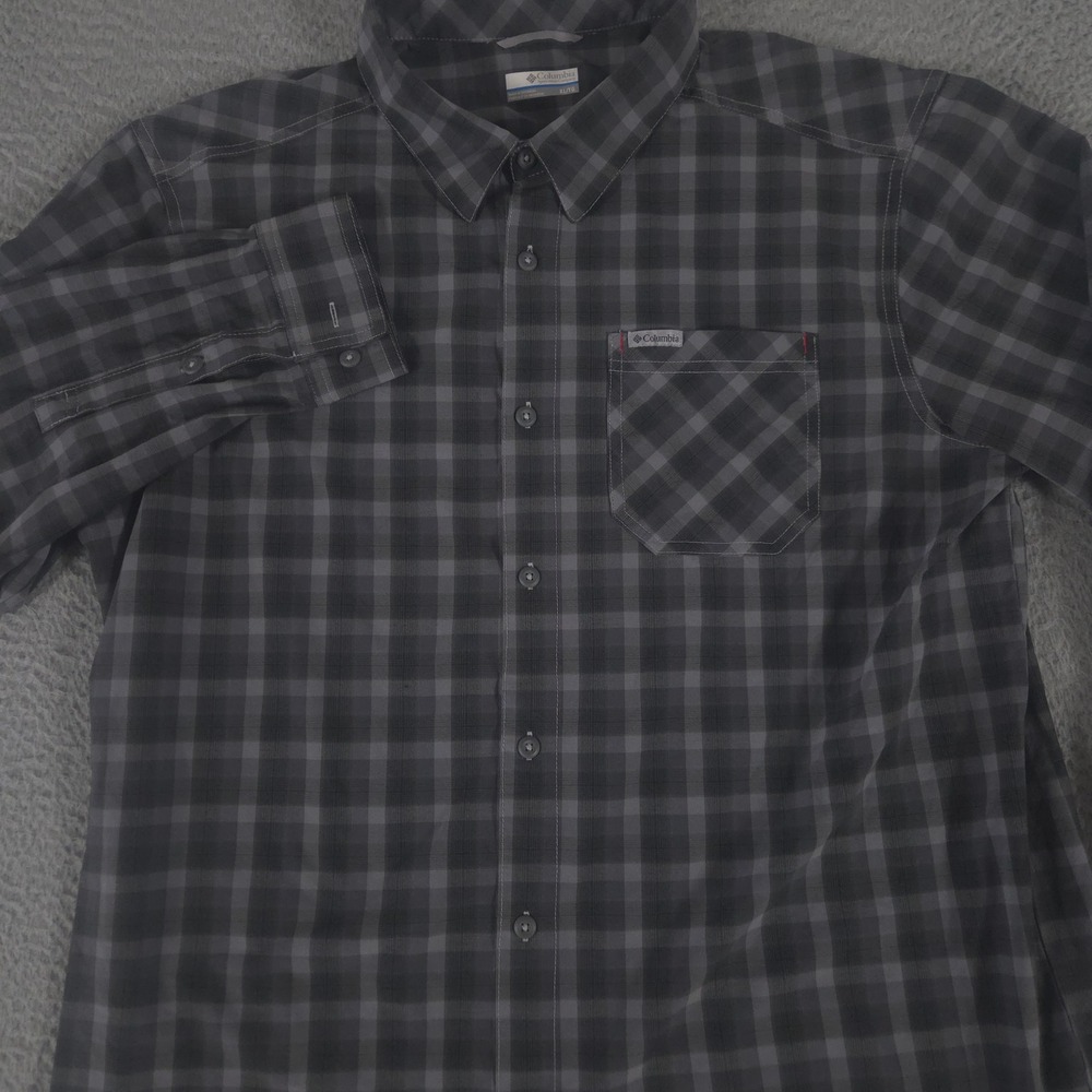 Columbia Shirt Mens XL Grey Plaid PFG Bahama II Stretch Fishing Long Sleeve